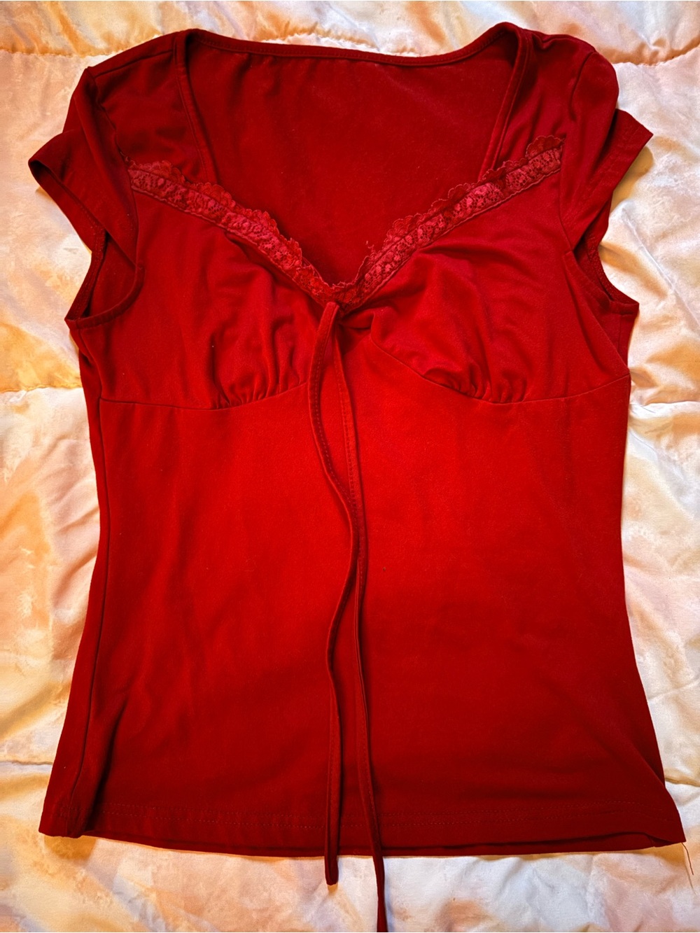 SHEIN Red Lace-Trim Tie-Front Sleep Top
